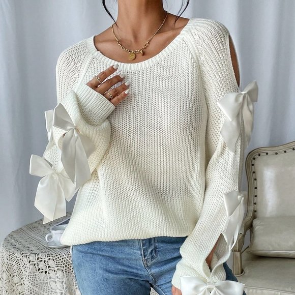 Beige Casual Preppy Womens Bowknot Decoration Hollow Out Raglan Sleeve Sw… - Picture 4 of 5